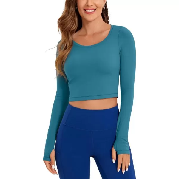 CRZ YOGA Butterluxe Long Sleeve Crop Tops for Women Slim Fit Workout Shirts Cropped Athletic Gym TopBorealis Green