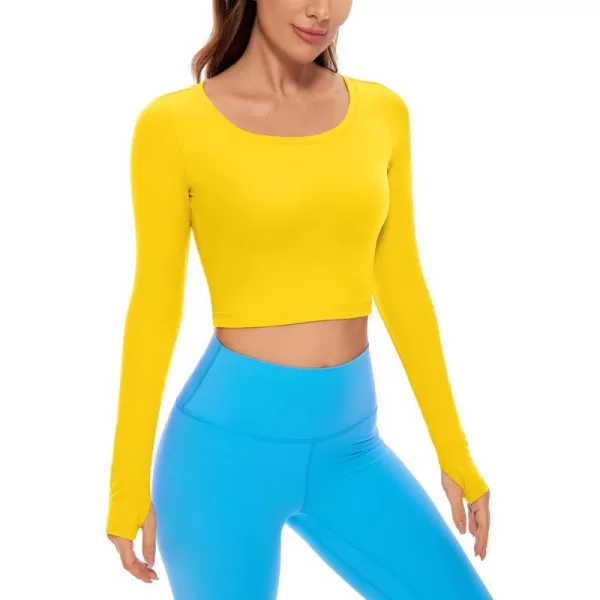 CRZ YOGA Butterluxe Long Sleeve Crop Tops for Women Slim Fit Workout Shirts Cropped Athletic Gym TopHigh Visibility Yellow