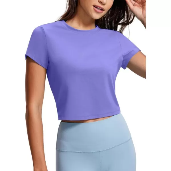 CRZ YOGA Butterluxe Short Sleeve Shirts for Women High Neck Crop Tops Basic Fitted TShirt Gym Workout TopDark Lavender Purple