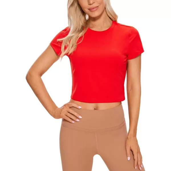 CRZ YOGA Butterluxe Short Sleeve Shirts for Women High Neck Crop Tops Basic Fitted TShirt Gym Workout TopDark Red