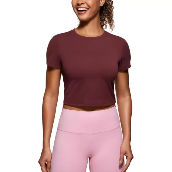 CRZ YOGA Butterluxe Short Sleeve Shirts for Women High Neck Crop Tops Basic Fitted TShirt Gym Workout TopRed Merlot