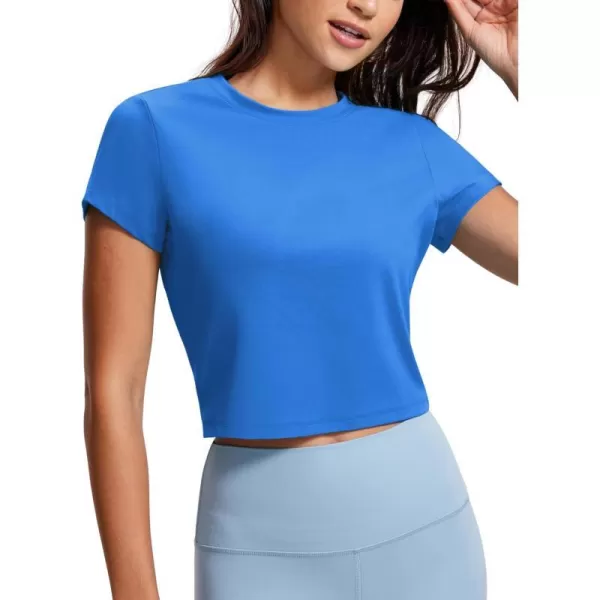 CRZ YOGA Butterluxe Short Sleeve Shirts for Women High Neck Crop Tops Basic Fitted TShirt Gym Workout TopSparkle Blue