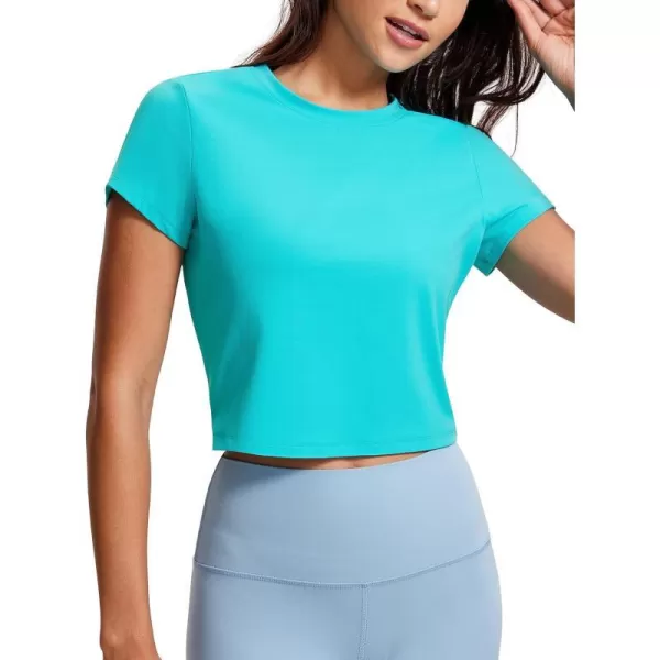 CRZ YOGA Butterluxe Short Sleeve Shirts for Women High Neck Crop Tops Basic Fitted TShirt Gym Workout TopSpectral Blue