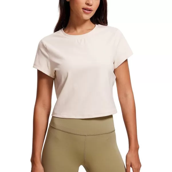 CRZ YOGA Butterluxe Short Sleeve Shirts for Women High Neck Crop Tops Basic Fitted TShirt Gym Workout TopWhite Apricot