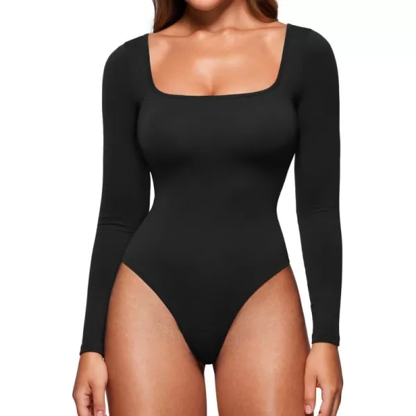 CRZ YOGA Butterluxe Square Neck Long Sleeve Bodysuit for Women Sexy Thong Bodysuits Tops Soft StretchyBlack