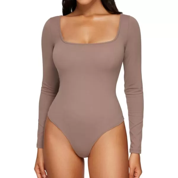 CRZ YOGA Butterluxe Square Neck Long Sleeve Bodysuit for Women Sexy Thong Bodysuits Tops Soft StretchyBrown Purple