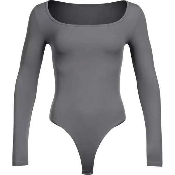 CRZ YOGA Butterluxe Square Neck Long Sleeve Bodysuit for Women Sexy Thong Bodysuits Tops Soft StretchyDark Carbon