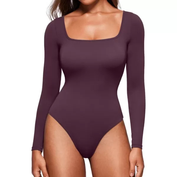 CRZ YOGA Butterluxe Square Neck Long Sleeve Bodysuit for Women Sexy Thong Bodysuits Tops Soft StretchyDeep Purple