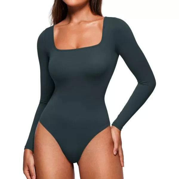 CRZ YOGA Butterluxe Square Neck Long Sleeve Bodysuit for Women Sexy Thong Bodysuits Tops Soft StretchyForest Dark Green