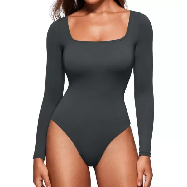 CRZ YOGA Butterluxe Square Neck Long Sleeve Bodysuit for Women Sexy Thong Bodysuits Tops Soft StretchyMelanite