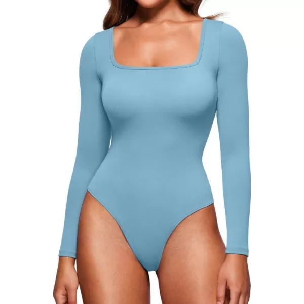 CRZ YOGA Butterluxe Square Neck Long Sleeve Bodysuit for Women Sexy Thong Bodysuits Tops Soft StretchyPure Blue