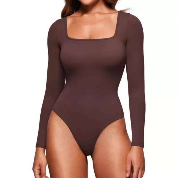 CRZ YOGA Butterluxe Square Neck Long Sleeve Bodysuit for Women Sexy Thong Bodysuits Tops Soft StretchyTaupe