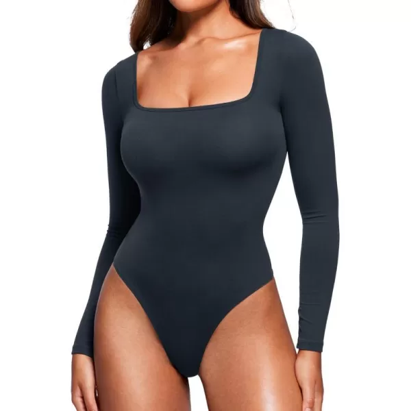 CRZ YOGA Butterluxe Square Neck Long Sleeve Bodysuit for Women Sexy Thong Bodysuits Tops Soft StretchyTrue Navy