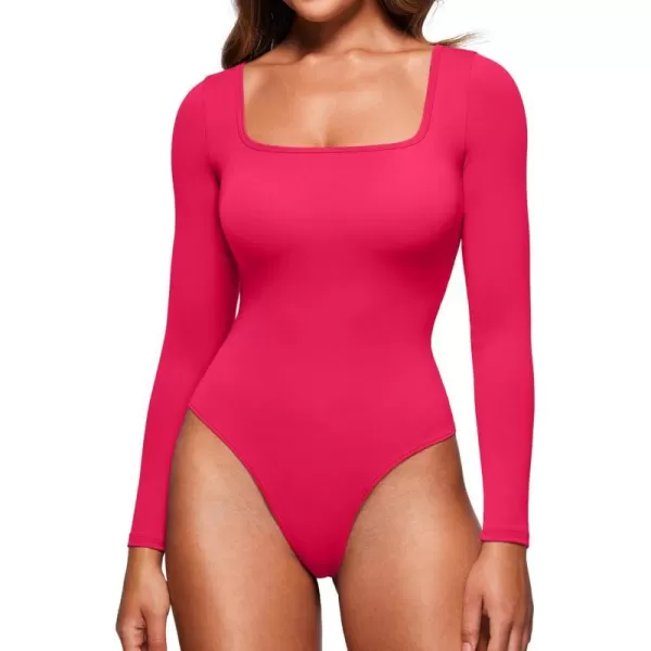 CRZ YOGA Butterluxe Square Neck Long Sleeve Bodysuit for Women Sexy Thong Bodysuits Tops Soft StretchyViva Magenta