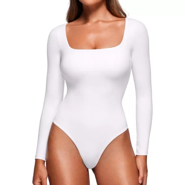 CRZ YOGA Butterluxe Square Neck Long Sleeve Bodysuit for Women Sexy Thong Bodysuits Tops Soft StretchyWhite