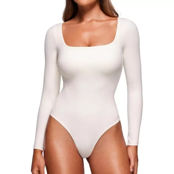 CRZ YOGA Butterluxe Square Neck Long Sleeve Bodysuit for Women Sexy Thong Bodysuits Tops Soft StretchyWhite Apricot