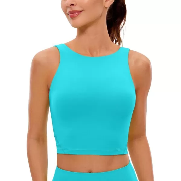 CRZ YOGA Butterluxe Womens High Neck Longline Sports Bra  U Back Padded Crop Workout Tank Top with Built in BraNeonspectral Blue