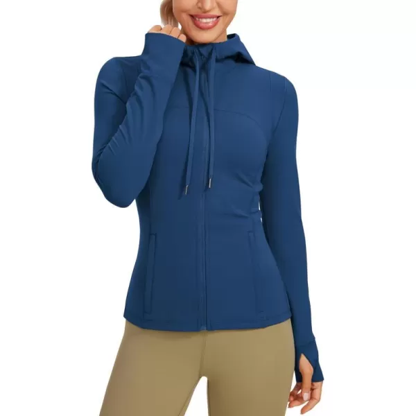 CRZ YOGA Butterluxe Womens Hooded Workout Jacket  Zip Up Athletic Running Jacket with Back Mesh Vent  Thumb HolesFrench Navy