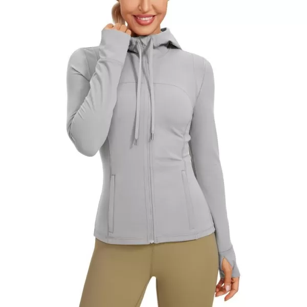 CRZ YOGA Butterluxe Womens Hooded Workout Jacket  Zip Up Athletic Running Jacket with Back Mesh Vent  Thumb HolesGull Gray