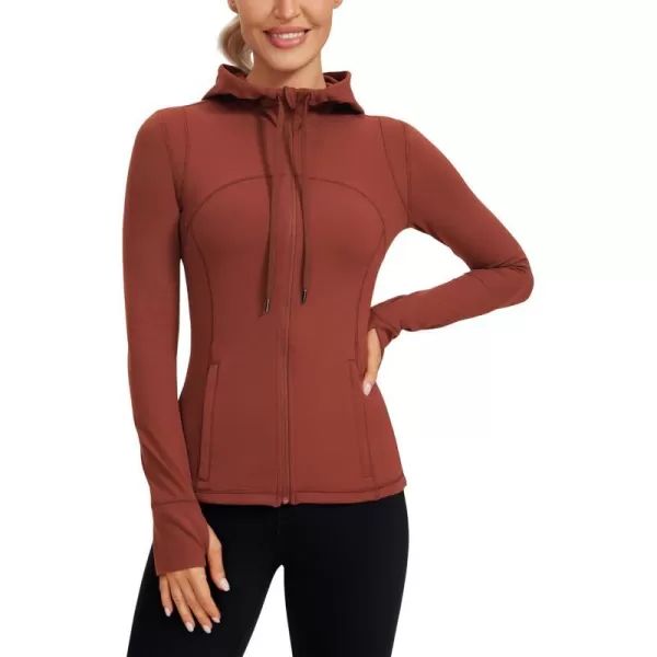 CRZ YOGA Butterluxe Womens Hooded Workout Jacket  Zip Up Athletic Running Jacket with Back Mesh Vent  Thumb HolesJujube Brown