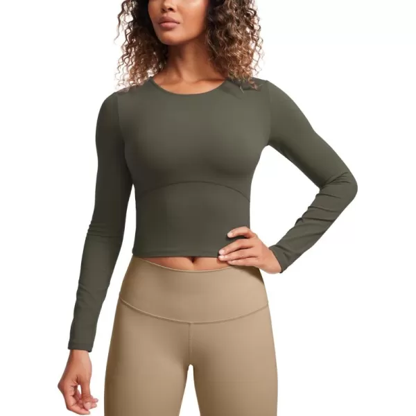 CRZ YOGA Butterluxe Womens Long Sleeve Crop Yoga Shirts Slim Fit Cropped Workout Tops Athletic Casual Basic Tight ShirtLight Army Green