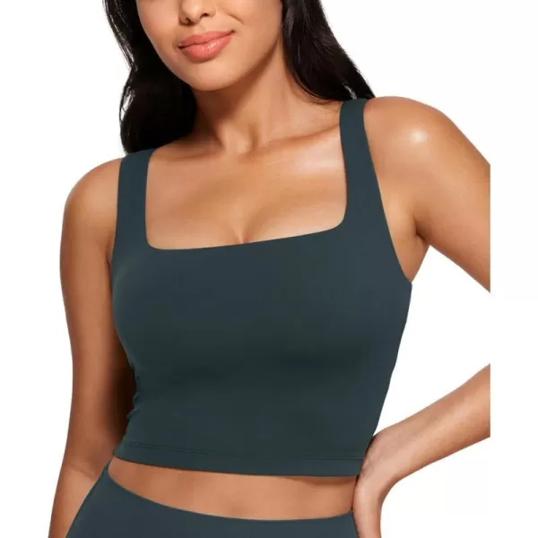 CRZ YOGA Butterluxe Womens Square Neck Longline Sports Bra  Workout Crop Tank Tops Padded with Built in Shelf Yoga BraForest Dark Green