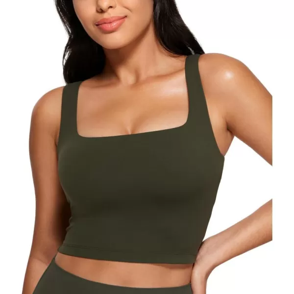 CRZ YOGA Butterluxe Womens Square Neck Longline Sports Bra  Workout Crop Tank Tops Padded with Built in Shelf Yoga BraOlive Green