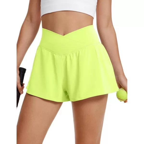 CRZ YOGA Crossover Butterfly Athletic Shorts for Women 2 in 1 Flowy High Waisted Tennis Running Workout Shorts PocketsNeon Yellow