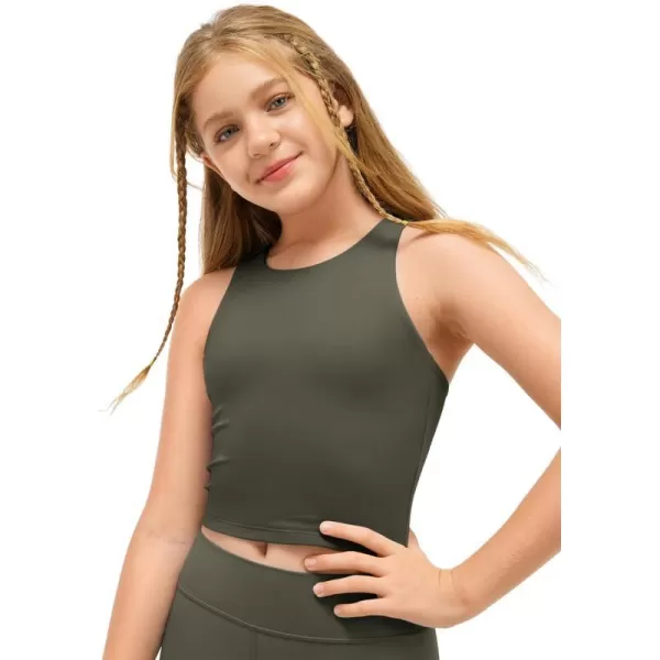 CRZ YOGA Girls Butterluxe Double Lined Tank Tops High Neck Racerback Cropped Tanks Basic Sleeveless Dance TopLight Army Green