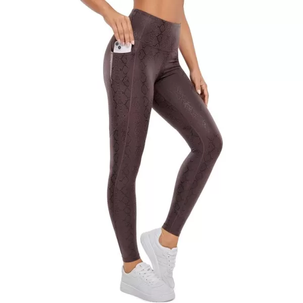 CRZ YOGA Matte Faux Leather Leggings for Women 28  High Waisted Stretch Pleather Pants Full Length Workout Tights PocketsPurple Taupe Snake