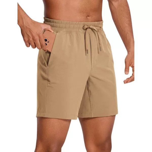 CRZ YOGA Mens Linerless Workout Shorts  7  9 Quick Dry Running Sports Athletic Gym Shorts with Pockets7 inches Khaki Sand