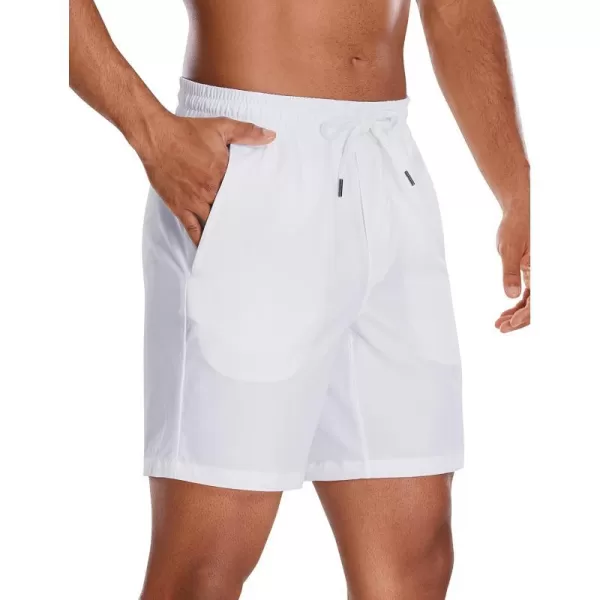 CRZ YOGA Mens Linerless Workout Shorts  7  9 Quick Dry Running Sports Athletic Gym Shorts with Pockets7 inches White