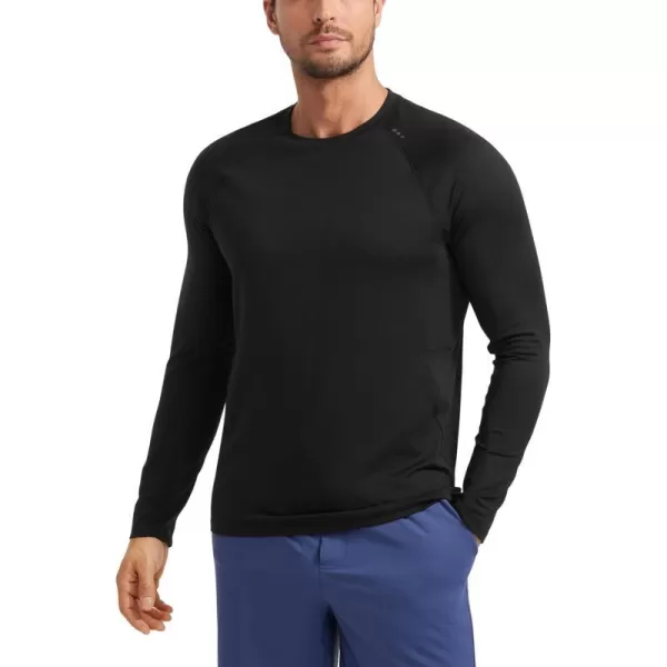 CRZ YOGA Mens Long Sleeve Tee Shirts Pullover Casual Lounge Shirts Quick Dry Running Gym Crew Neck TShirt TopsBlack