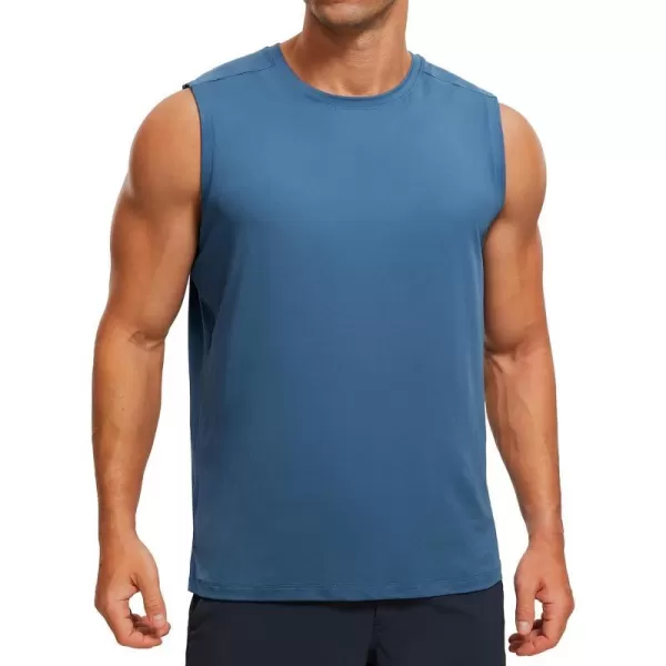 CRZ YOGA Mens Workout Sleeveless Shirt Quick Dry Stretchy Swim Shirts Athletic Gym Running Beach Tank TopIron Blue