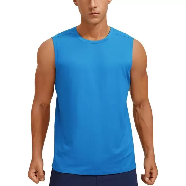 CRZ YOGA Mens Workout Sleeveless Shirt Quick Dry Stretchy Swim Shirts Athletic Gym Running Beach Tank TopPoolside Blue