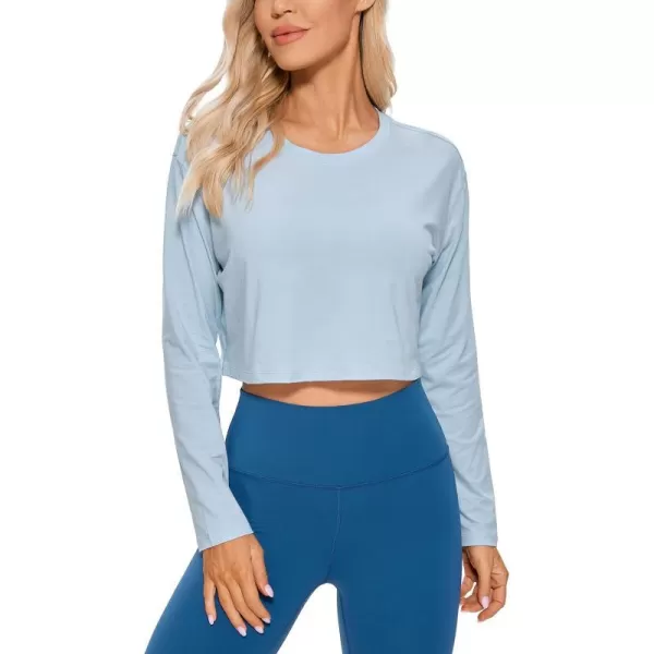 CRZ YOGA Pima Cotton Long Sleeve Shirts for Women Workout Crop Tops Loose Cropped TShirts Athletic Gym ShirtsBlue Linen