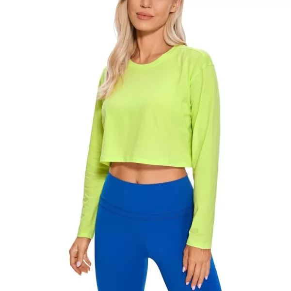 CRZ YOGA Pima Cotton Long Sleeve Shirts for Women Workout Crop Tops Loose Cropped TShirts Athletic Gym ShirtsBright Verdancy