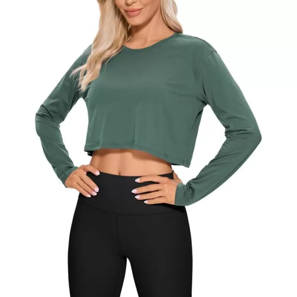 CRZ YOGA Pima Cotton Long Sleeve Shirts for Women Workout Crop Tops Loose Cropped TShirts Athletic Gym ShirtsGraphite Green