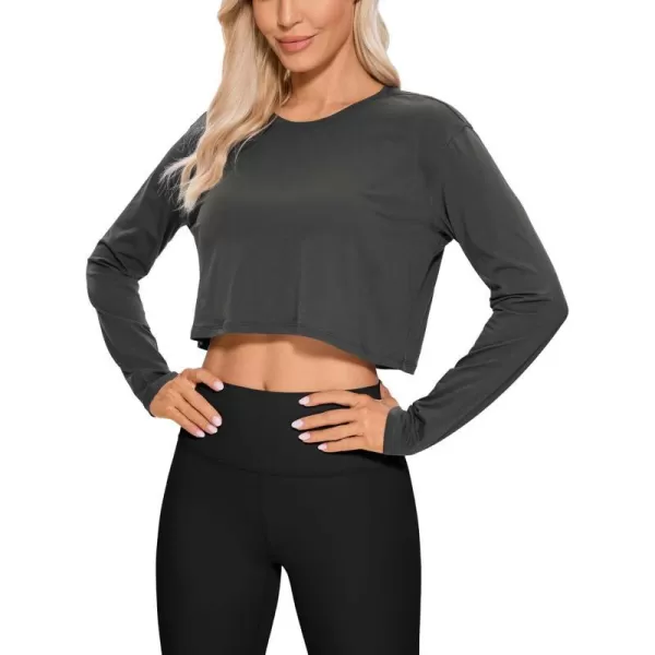 CRZ YOGA Pima Cotton Long Sleeve Shirts for Women Workout Crop Tops Loose Cropped TShirts Athletic Gym ShirtsGrey Olive