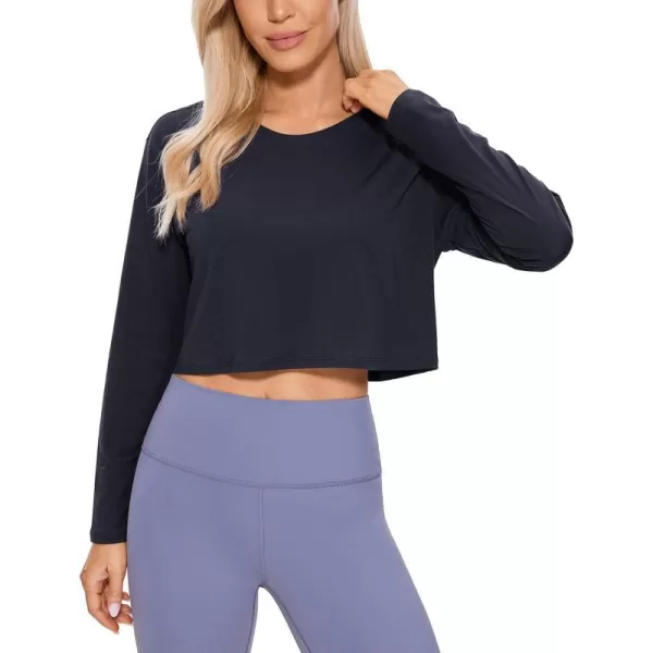 CRZ YOGA Pima Cotton Long Sleeve Shirts for Women Workout Crop Tops Loose Cropped TShirts Athletic Gym ShirtsNavy