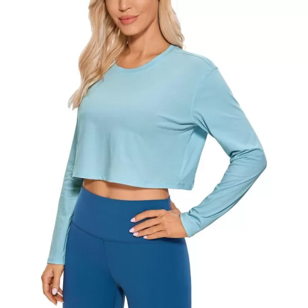 CRZ YOGA Pima Cotton Long Sleeve Shirts for Women Workout Crop Tops Loose Cropped TShirts Athletic Gym ShirtsPure Blue