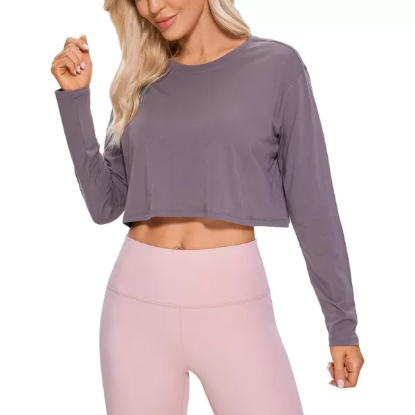 CRZ YOGA Pima Cotton Long Sleeve Shirts for Women Workout Crop Tops Loose Cropped TShirts Athletic Gym ShirtsPurple Gray