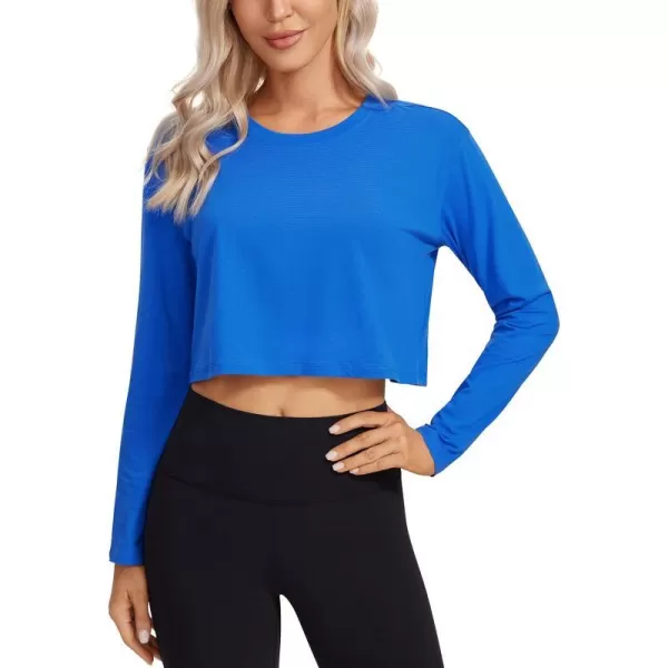 CRZ YOGA Pima Cotton Long Sleeve Shirts for Women Workout Crop Tops Loose Cropped TShirts Athletic Gym ShirtsStrong Blue