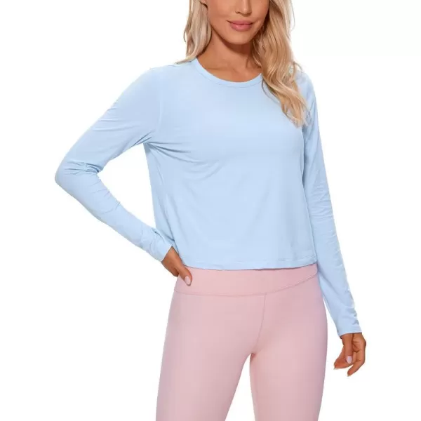 CRZ YOGA Pima Cotton Long Sleeve Workout Shirts for Women Loose Cropped Tops Athletic Sports TShirtBlue Linen