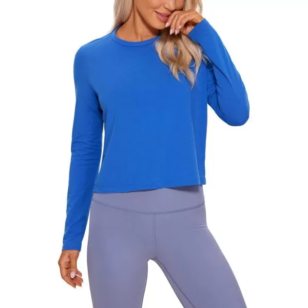 CRZ YOGA Pima Cotton Long Sleeve Workout Shirts for Women Loose Cropped Tops Athletic Sports TShirtStrong Blue