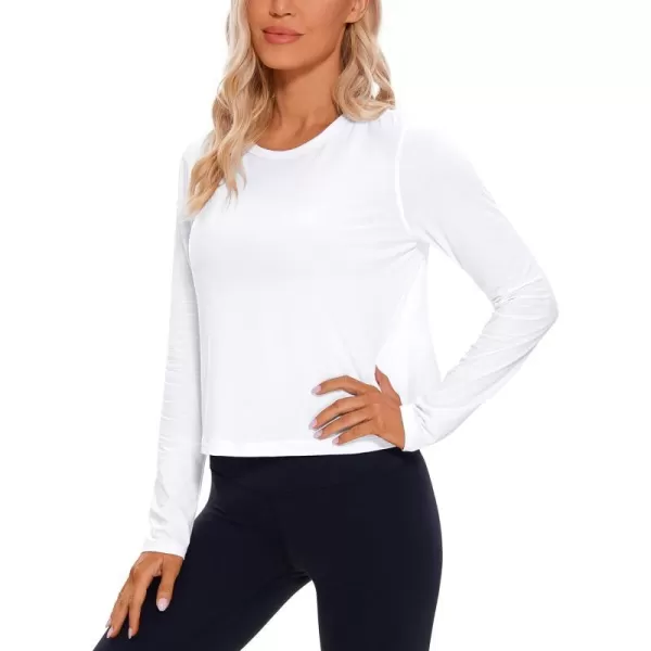 CRZ YOGA Pima Cotton Long Sleeve Workout Shirts for Women Loose Cropped Tops Athletic Sports TShirtWhite