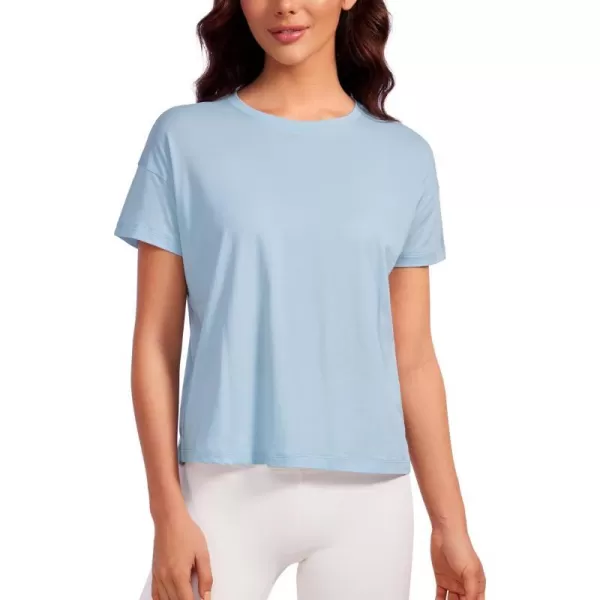 CRZ YOGA Pima Cotton Short Sleeve Workout Tops for Women Loose Basic TShirt Athletic Gym Casual Tee ShirtsBlue Linen