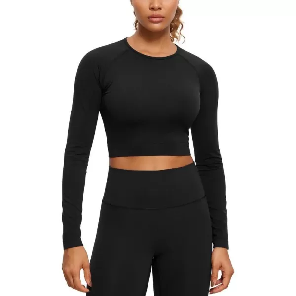 CRZ YOGA Seamless Long Sleeve Shirts for Women Ribbed Workout Tops Athletic Crop Tops Cropped Running Gym ShirtsBlack