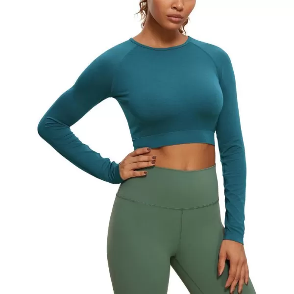 CRZ YOGA Seamless Long Sleeve Shirts for Women Ribbed Workout Tops Athletic Crop Tops Cropped Running Gym ShirtsGreen Jade