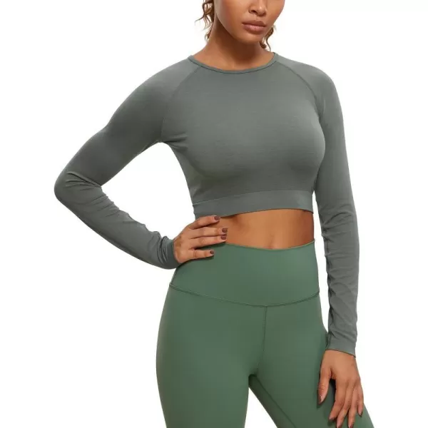 CRZ YOGA Seamless Long Sleeve Shirts for Women Ribbed Workout Tops Athletic Crop Tops Cropped Running Gym ShirtsGrey Sage